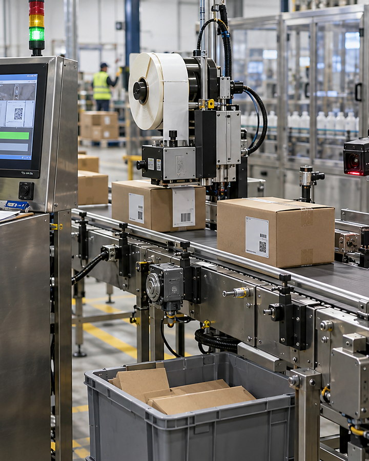 An operator checking in-line marking data and code-reader verification.
