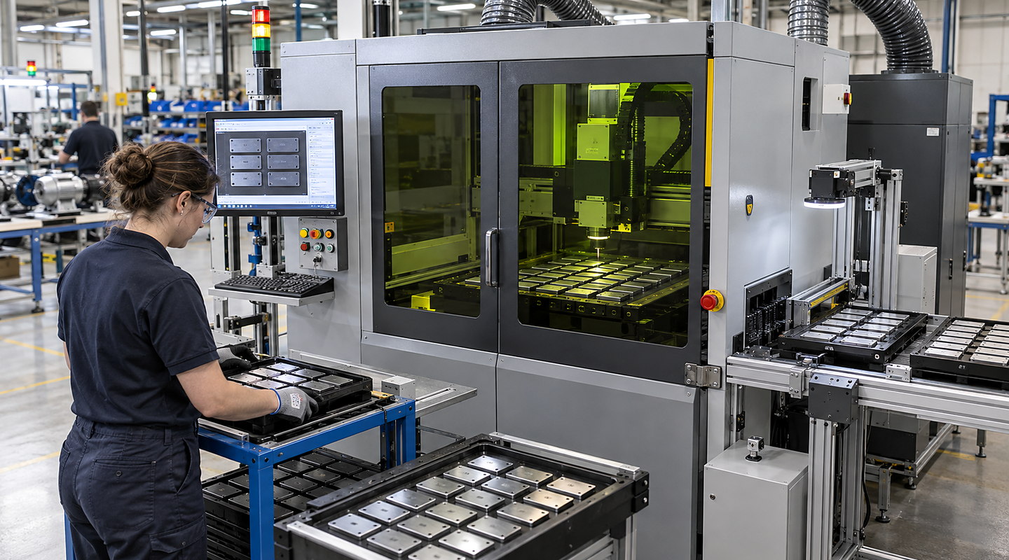 Metal nameplates being laser marked with serial data in a production cell, followed by readable-code inspection and tray output.